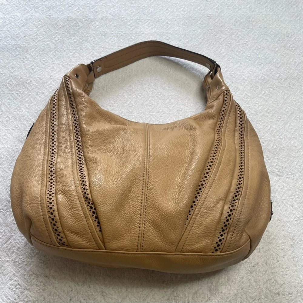 Tignanello Beige Tan Leather Perforated Hobo Shoulder Bag